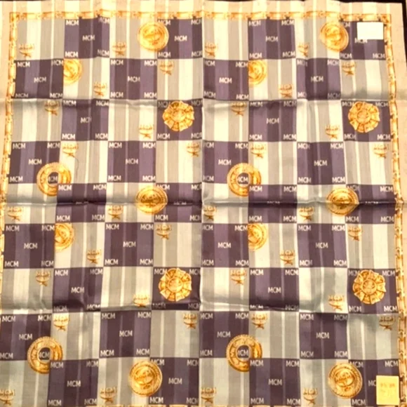 NEW MCM Medallion Cotton scarf handkerchief Blue, gold and brown - Picture 6 of 10